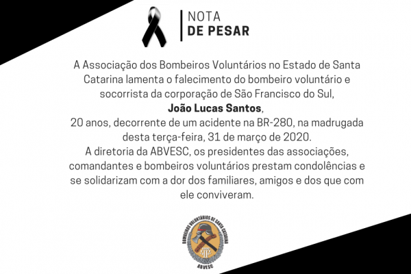 Nota de pesar  ABVESC lamenta falecimento de bombeiro voluntário 0